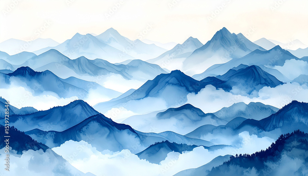 Fototapeta premium the scene presents a serene landscape of mountain ranges receding into the distance. soft clouds and mist fill the valleys between the mountains, creating a layered effect