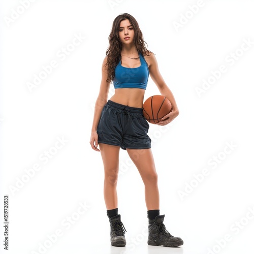 Female athlete smiling while holding a ball, full length photo, isolated against pure white, great for lifestyle and fitness promotions.