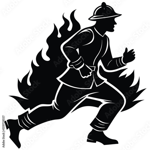 Brave Firefighter Running Towards Danger A Silhouette Illustration
