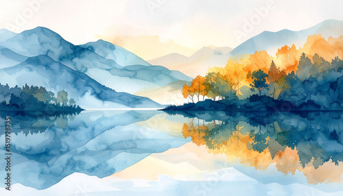 the image features a tranquil landscape with layered mountains in the background, rendered in soft, watercolor like tones