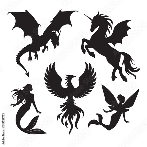 A collection of black and white heraldic vector elements featuring mythical creatures like dragons, griffins, and lions, ideal for medieval tattoo designs and decorative emblems