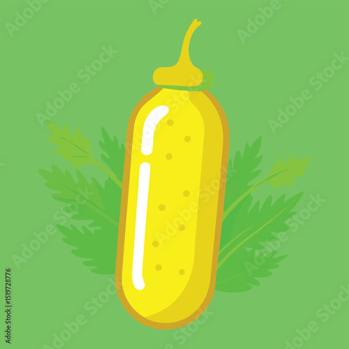 Cartoon Mustard Bottle with Green Leaves on a Light Green Background