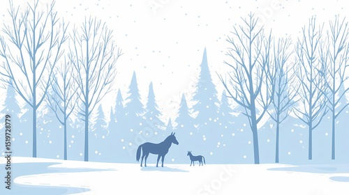 Silhouette of horses in snowy winter forest.  Peaceful winter scene, idyllic landscape, cold weather, nature background.