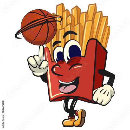 funny french fries cartoon mascot spin the basketball with the index finger, fast food vector character isolated on white, work of hand drawn