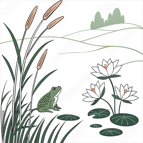 water lily and frog with plant near by hill