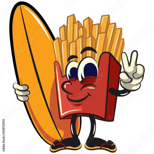 funny french fries cartoon mascot with surfboard and gave a peace sign, fast food vector character isolated on white, work of hand drawn