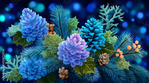 Vibrant Winter Floral Arrangement with Blue Pinecones and Berries