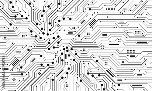 Abstract black circuit board technology connected lines electronics elements computer motherboard chip processor semiconductor digital on white background vector