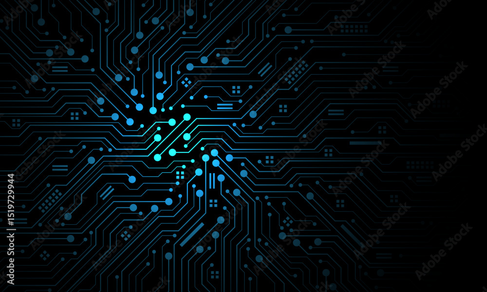 Abstract blue circuit board technology connected lines electronics elements computer motherboard chip processor semiconductor digital on black background vector