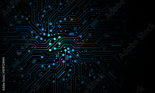 Abstract blue circuit board technology connected lines electronics elements computer motherboard chip processor semiconductor digital on black background vector