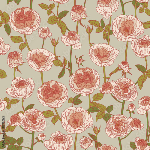 Seamless floral pattern with blooming pink roses and green leaves on a beige background. Ideal for textiles, wallpaper, packaging, and background design