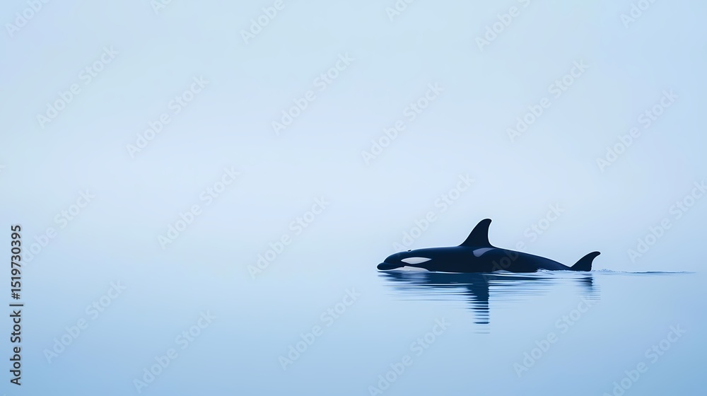 Orca whale gracefully swimming in serene ocean waters. Minimalist wildlife photography, emphasizing tranquility and marine life. Orca whale gracefully swimming in serene ocean waters. Minimalist wildlife photography, emphasizing tranquility and marine life.