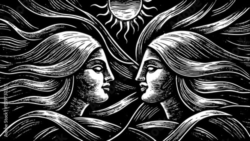 A black and white sketch vector of abstract faces and line art women in minimal surrealist style, popular in modern wall art