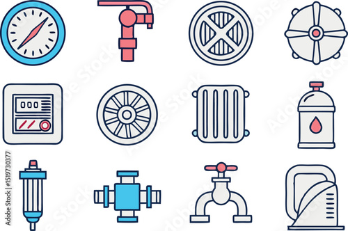 Collection of illustrated icons depicting various mechanical and industrial components