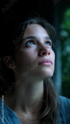 Pensive woman with blue eyes looking upward against blurred nature background with soft lighting and thoughtful expression