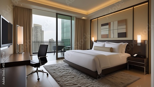Luxury Hotel Suite with City View Spacious Bedroom, Modern Design, and Balcony