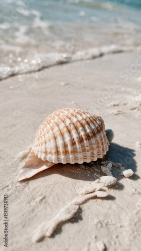 A seashell rests on a sandy beach, with ocean waves gently lapping at the shore
