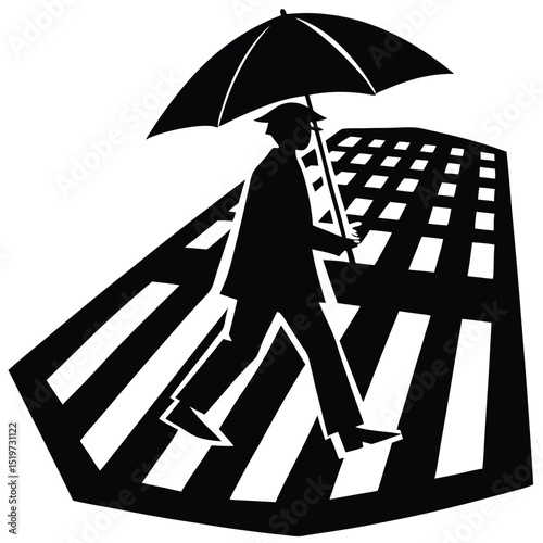 Silhouette of a Man Crossing a Street Under an Umbrella