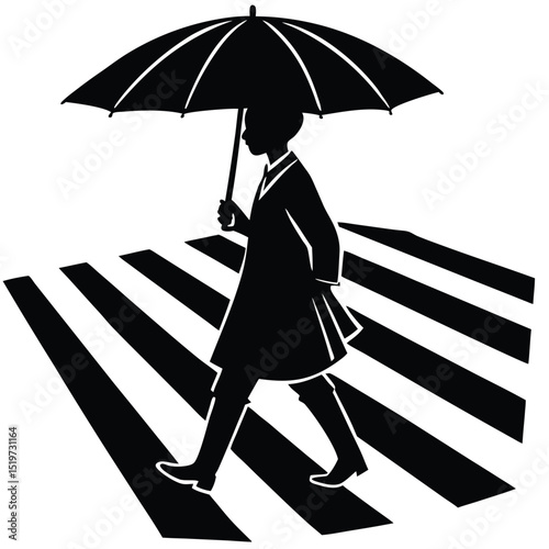 Silhouette of Person Walking with Umbrella Across Crosswalk