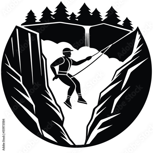 Thrilling Canyon Rappelling Adventure A Black and White Illustration