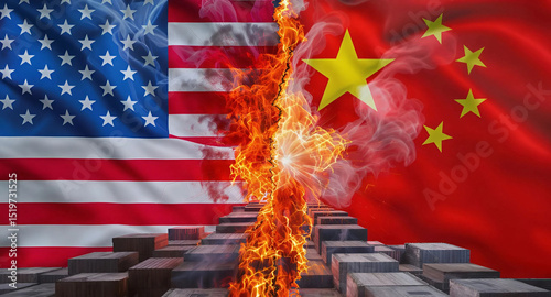 Infographic depicting the USA-China trade war, showcasing key tariffs and sanctions imposed by both countriesl, Generative AI.