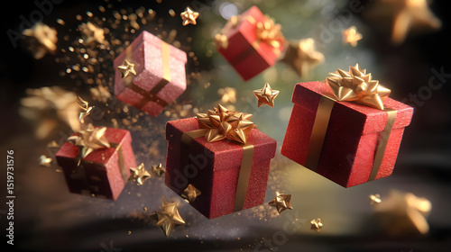 Floating Red Christmas Gifts with Gold Accents and Star Decorations