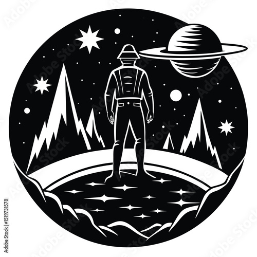 Astronaut Gazing at Celestial Landscape A Retro Space Exploration Illustration