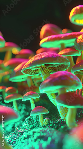 Vibrant Glowing Pixelated Mushrooms
