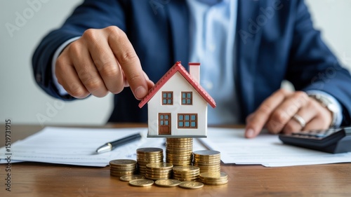 Businessman holds miniature house atop coins; documents and calculator visible
