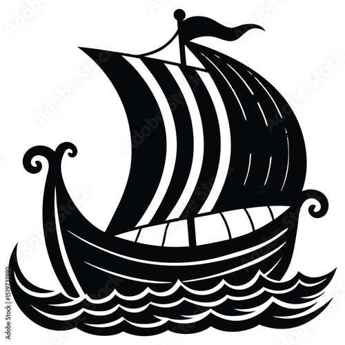 Viking Longship Black and White Illustration of a Norse Ship Sailing the Seas