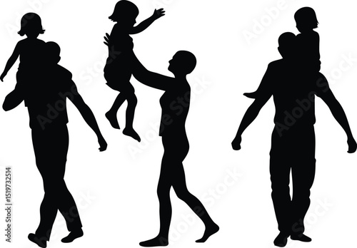 Vector black silhouette set of parents carrying and playing with children — ideal for family love, parenting, support, bonding, childhood, and lifestyle designs focused on nurturing relationships