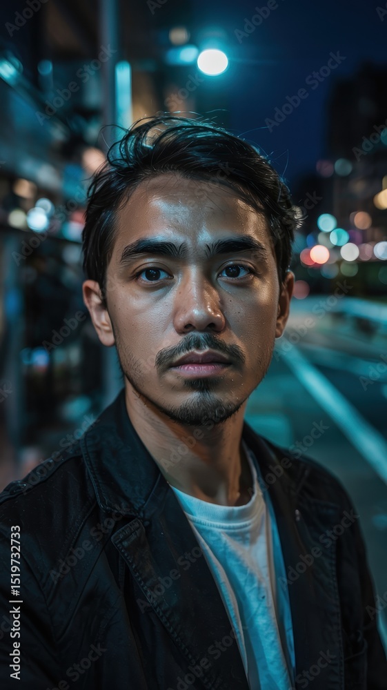 Close-up portrait of a man at night, city lights in background Close-up portrait of a man at night, city lights in background