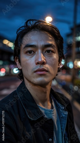 Close-up portrait of a man at twilight in a city.  Man with serious expression, dark hair, and a dark jacket. City lights blurred in the background