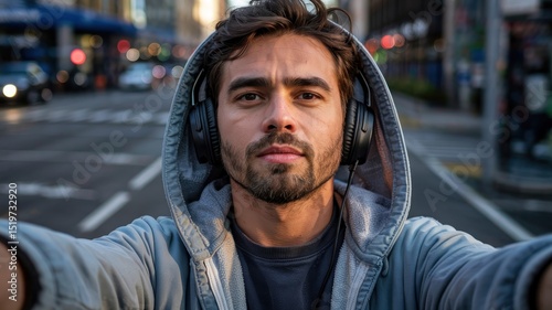 Close-up selfie of a man in a city street
