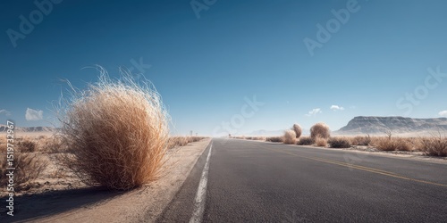 A stunning image of deserted highway with tumbleweeds blowing across, symbolizing a journey through desolate lands, Abandoned Highway, Desert Exploration.