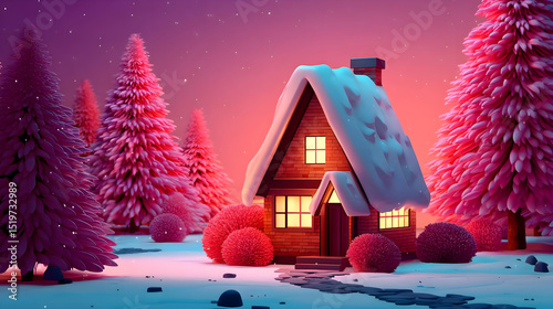 Cozy Cartoon Cottage with Snowy Trees in Colorful Winter Landscape