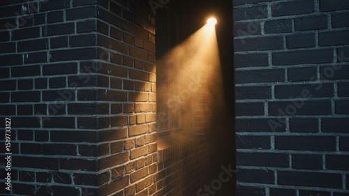 Dark brick walls, a beam of light illuminating a narrow passageway