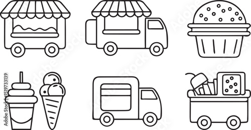 Food Truck Icons Set Editable Mobile Cuisine Line Art