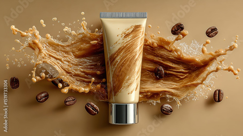 BB cream tube with natural tone is surrounded by splashes of liquid and coffee beans, creating dynamic and vibrant composition. image conveys sense of freshness and beauty