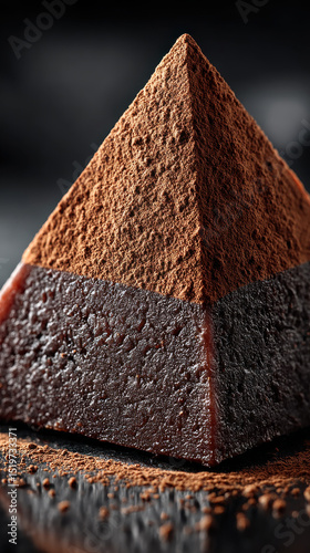 Delicious chocolate truffle pyramid on reflective black surface, showcasing rich textures and deep colors, evoking sense of indulgence and luxury