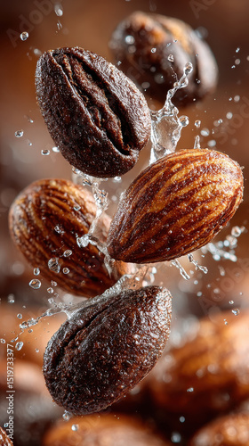Chocolate covered almonds are captured midair, showcasing their glossy texture and dynamic splash of water droplets, creating visually appealing and delicious scene