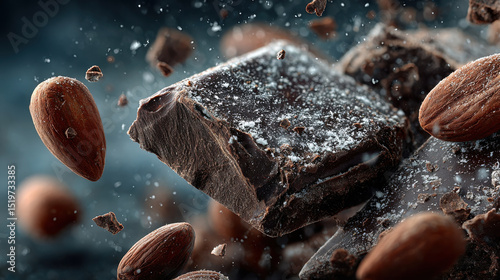 Rich chocolate pieces surrounded by scattered almonds create delightful scene, evoking sense of indulgence and luxury. dark background enhances visual appeal of cocoa and nuts