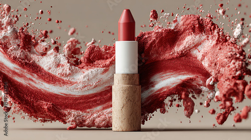 Vibrant lip crayon stands prominently against backdrop of abstract red swirls and powder, showcasing its rich color and texture. artistic display evokes sense of creativity and beauty