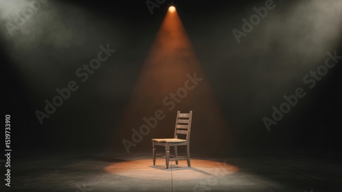 Empty wooden chair centered in a dark room, lit by two spotlights