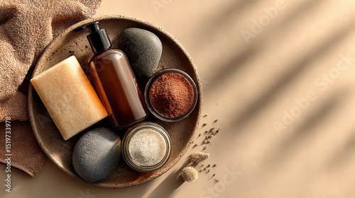 Minimalist flat lay of skincare products including bottle, soap, and jars on textured surface, evoking sense of calm and natural beauty