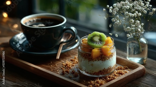 Top-down view of clean and healthy breakfast: granola parfait layered in glass jar with Greek yogurt, sliced mango and kiwi, placed on a smooth walnut wood surface with hot black coffee in enamel 
