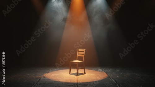 Empty wooden chair centered under spotlights in a dark room