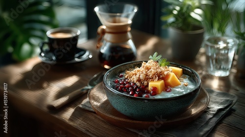 Top-down shot of tropical healthy breakfast: coconut yogurt with granola, diced mango, shredded coconut and pomegranate seeds in handmade ceramic bowl, paired with pour-over coffee in glass 