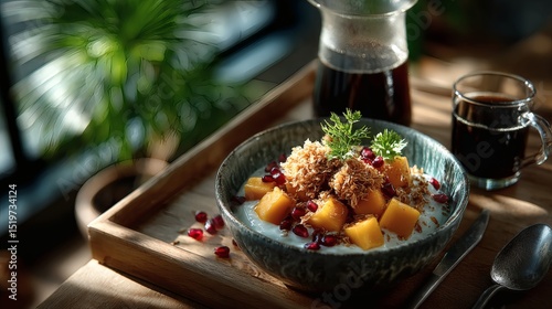Top-down shot of tropical healthy breakfast: coconut yogurt with granola, diced mango, shredded coconut and pomegranate seeds in handmade ceramic bowl, paired with pour-over coffee in glass 