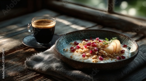 Top-down breakfast scene: vanilla bean yogurt with cashew granola, fresh pear slices and pomegranate seeds in handcrafted bowl, small shot of espresso and linen napkin placed asymmetrically 